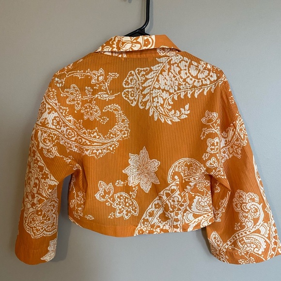 Zara Crop Top Front Tie Orange Printed Size S - Picture 6 of 8